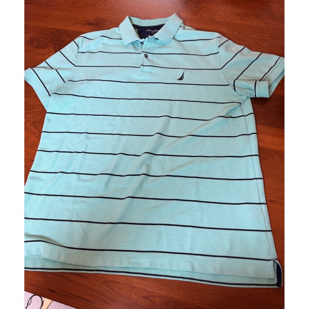 Nautica Mens Performance Deck Shirt Polo Aqua Blue Striped Classic Fit Large